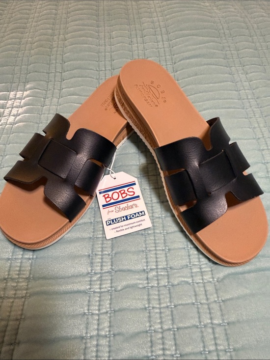 Skechers Shoes - Skechers BOBS Women's Black Slide Sandals with Tan Footbed